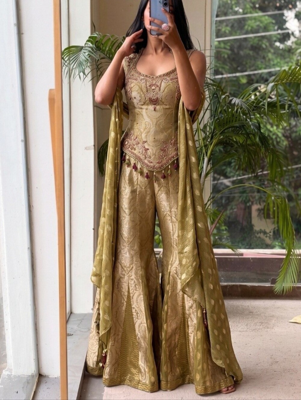 Olive Gold Embroidered Women’s Palazzo Jumpsuit Size 42 Xl